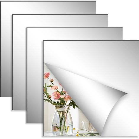 Lot de 4/10 Miroir Autocollant, Carrés Flexible Miroir Acrylique 20 x 20 cm pour Salle de Bain, Salon, Chambre, Salle de Sport à Domicile, Couloir (4 Pièces) (1/5)