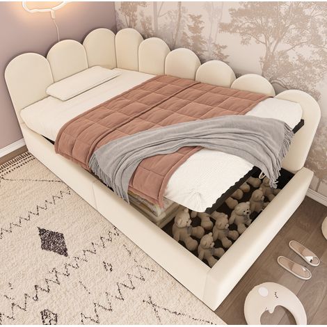 Lit banquette 90 x 190 cm en velours beige, rangement hydraulique, cadre métallique, design à grille, pour chambre et chambre d'amis (1/5)