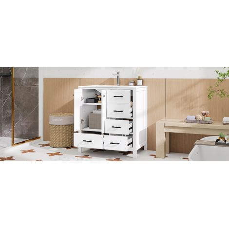 Meuble vasque blanc en MDF avec vasque en céramique, portes soft-close et tiroirs latéraux pour salle de bain et toilettes (1/5)