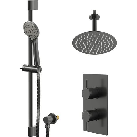 Colore Round Gunmetal Grey Concealed Twin Thermostatic Shower Valve with Diverter and 200mm Fixed Head with 150mm Ceiling Arm and Slide Rail Kit - 2 Outlets (1/5)