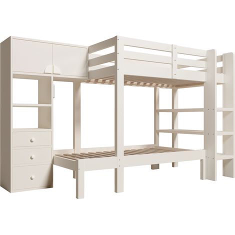 Cama alta 90 x 200 cm blanca con armario, estantes y cajones, luz nocturna inteligente (1/5)