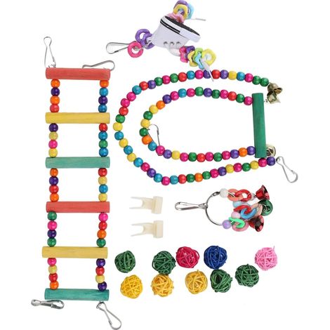 Jouets Suspendus pour Cage à Oiseaux, Balançoire pour Perroquet, Jouet à Mâcher Debout avec Hamac, échelle Suspendue, Corde De Boules en Rotin, 17 Pièces (1/5)