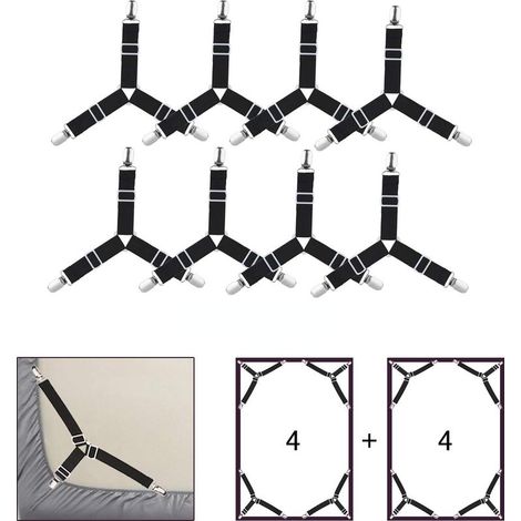 Noir 8 Pièces Drap de Lit Attaches, Réglable élastiques Triangle Sangles de Soutient pour DrapHousse et Drap Plat Draps de Lit, Matelas, Canapé Coussin, Nappes, Planche à Repasser (1/5)