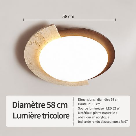 Plafonnier travertin jaune et bois wabi-sabi diamètre 58 cm lumière 3 couleurs pour salon chambre, IRC 80-90, 3 kg – Livraison gratuite