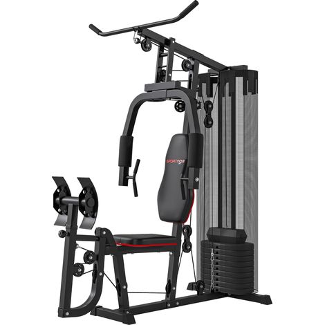 Station musculation 45 kg blocs poids, poulie câble, pectoraux, presse jambes, polyvalent 130x70x210 cm