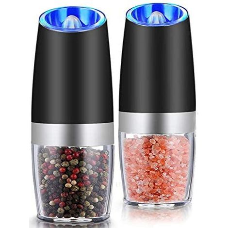 Molinillo eléctrico de sal y pimienta por gravedad, molienda ajustable, funciona con pilas, luz LED, funcionamiento automático con una sola mano, acero inoxidable negro, juego de 2