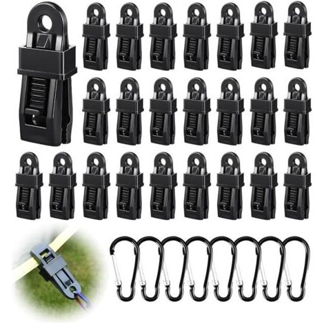 Pair Lot de 32 Pièces Attache Bache Piscine Set, 24 Pince pour Bache et 8 Mousqueton, Fixation Bache pour Camping, Carvanes, Pique Nique (1/5)