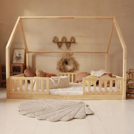 Cama cabaña 140x200 con barandilla y somier patas de 1 cm Daisy Madera (1/3)