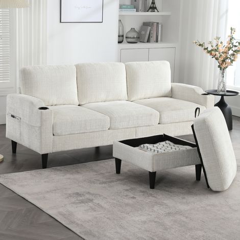 Sofa 4-Sitzer aus Chenille in Beige mit Hocker inkl. Stauraum, Getränkehaltern und Seitentaschen 196,5 cm (1/5)