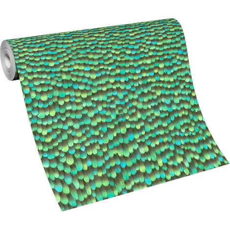Papier peint original 3D vert & turquoise | Tapisserie moderne 3D verte & bleu chambre adulte | Papier peint plume idéal couloir (1/4)