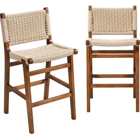sweeek - 2er-Set Barhocker aus Heveaholz mit Seilbespannung Nussbaumlook / Beige