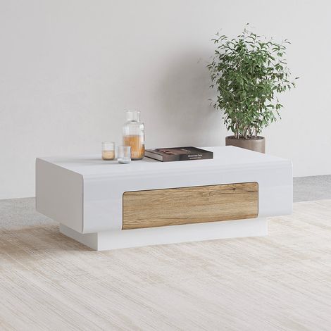 Couchtisch Jules mit 1 Schublade, Weiß und Holzoptik, 110cm (1/5)