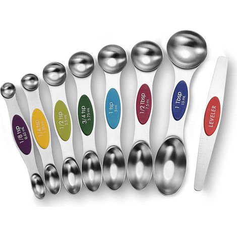 Set di 8 cucchiai dosatori magnetici - Acciaio inossidabile - Impilabili - Doppia faccia - Per misurare ingredienti secchi e liquidi - Cucchiai dosatori per cucinare e preparare dolci (1/5)