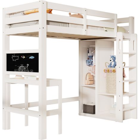 Lit mezzanine 90x200 avec bureau, armoire ouverte, étagères, tableau noir double face, sécurité enfant, blanc, pour chambre gain de place - CHICFURN (1/5)
