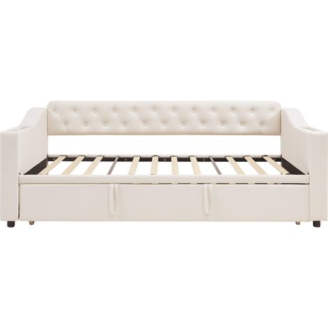 Divano letto capitonné beige 90/180x190 cm con USB, contenitori e rete a doghe HOMVRA (1/5)