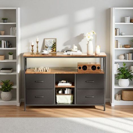 TV-Möbel - 137 cm - RGB-LED-Beleuchtung - Holz und Metall - 4 Stoffschubladen