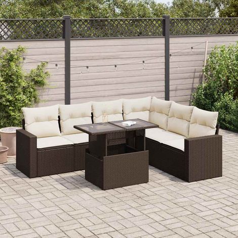 Salon de jardin résine tressée marron 7 places, table réglable et coffre de rangement avec coussins blanc crème lavables, 6-pièces (1/5)