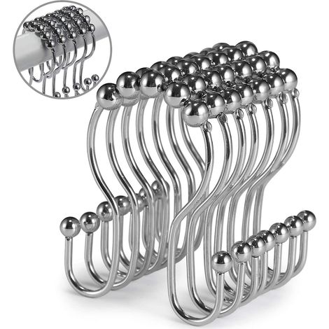 Lot de 12 crochets de rideau de douche en acier inoxydable antirouille avec double crochet coulissant anti-chute pour rideau de douche de salle de bain (chromé) (1/5)