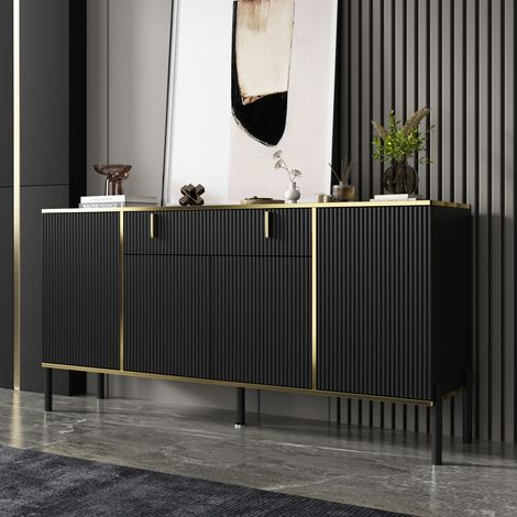 Sideboard Vintage Wohnzimmer mit 4 Türen und 1 Schublade,Komodenschrank mit Verstellbare Einlegboden, Küchenschrank mit Metallbeine für Eingang Küche, Esszimmer, Schwarz, MDF, 160 40 80cm (1/5)