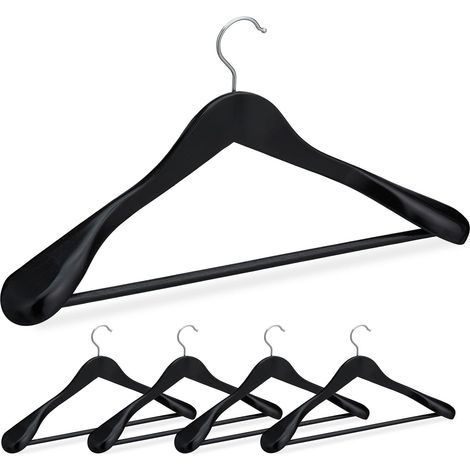 Cintre Costume épaule Large, Bois en Set 5 Cintres Chemises, Crochet 360, Traverse Pantalon, Noir (1/5)