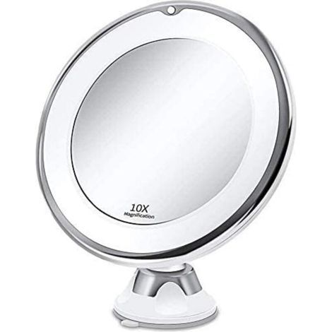 Miroir Grossissant 10x Lumineux LED avec Forte Ventouse, Batterie - Miroir Maquillage avec Lumière Natur Dimmable pour Les Salles de Bain(Blanc) (1/5)