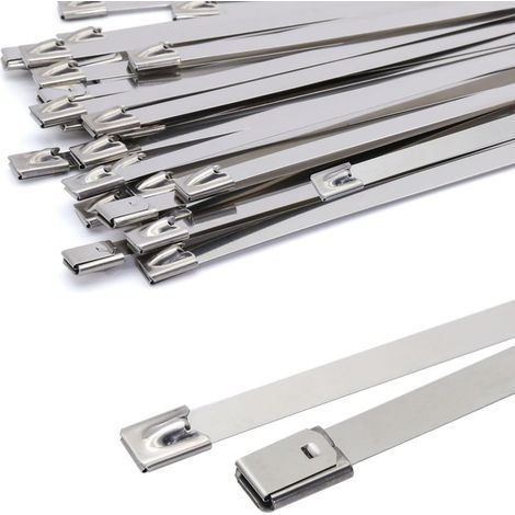 300 Stück 7,9 mm Metall-Kabelbinder, silberfarbene Edelstahl-Kabelbinder, Hochleistungs-Kabelbinder – Metall-Kabelbinder – Tragkraft 120 kg, 30er-Packung (1/5)