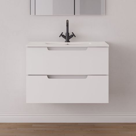 Meuble de salle de bain 70cm simple vasque - 2 tiroirs - sans miroir - blanc mat - SONRIZA (1/5)