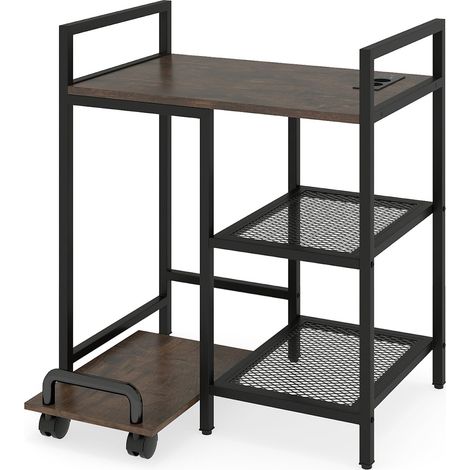 Soporte para impresora de 3 niveles con estación de carga, color marrón rústico