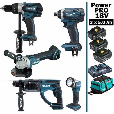 Pack Makita Power PRO 18V: DDF458 + DHR202 + DGA504 + DTD152 + Lampe Torche + 3 batt 5Ah + sac (1/5)