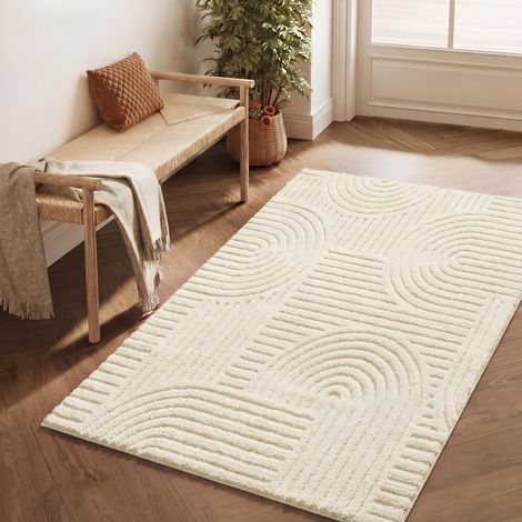 SONGMICS Tappeto, Tappeto da Salotto con Motivo Geometrico 3D, Lavabile in Lavatrice, Fondo Antiscivolo in TPR, 170 x 120 cm, per Camera da Letto e Corridoio, Crema, Collezione HILA TAR132WZ02 (1/5)