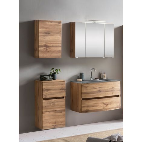 Badezimmermöbel Set 4-tlg. mit Glasbecken grau LAURIA-03 in Wotaneiche Nb. mit LED-Beleuchtung, BxHxT: ca. 140x200x49 cm (1/5)