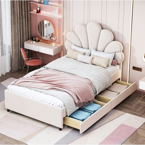 Letto imbottito in velluto beige 90x200 cm con rete a doghe e 2 cassetti contenitore (1/5)