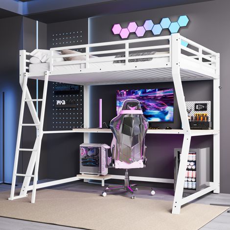 Hochbett 90x200 cm Weiß aus Metall und MDF mit Schreibtisch, Leiter, Geländer und Steckdose mit USB (1/5)