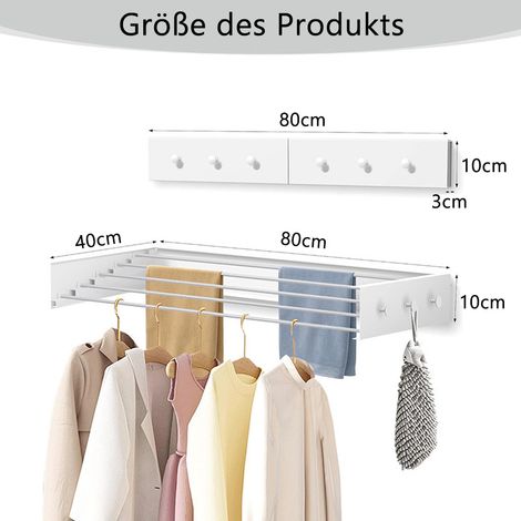 Wäscheständer Wand mit 6 Knaufhaken, 80cm Faltbares Ausziehbar Wäschetrockner mit 5 Edelstahl Trocknungsstäben,für den Innen- und Außeneinsatz