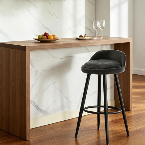 Tabouret de bar avec dossier bas et repose-pieds, H 78,5 cm, similicuir vintage anthracite, OKWISH (1/5)