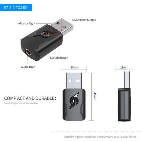 Bluetooth 5.0 USB Adapter, Bluetooth Dongle, Bluetooth Adapter 5.0 Audio Transmitter Receiver with 3.5mm Audio Cable for PC/TV/Car/Speakers/MP3/Home Audio System/Headphones (1/4)