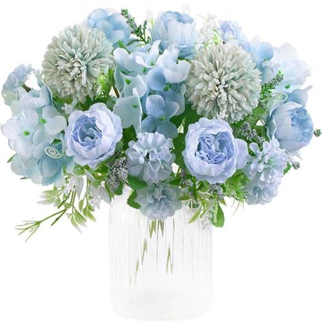 Fleurs artificielles bleues dans le lac, bouquet de 7 pivoines en soie brodée orné d'œillets en plastique, composition florale réaliste pour la décor