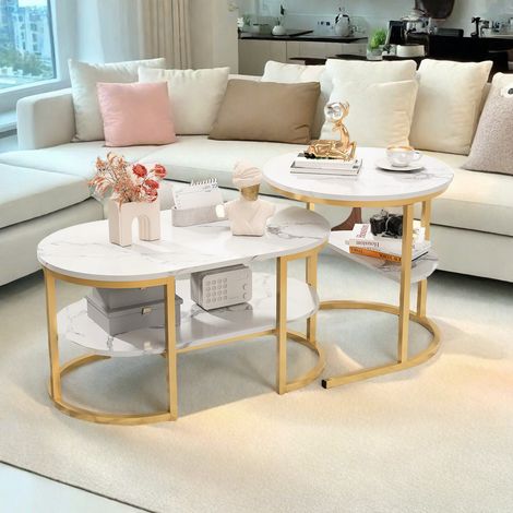 Table Basse Gigogne 2 en 1 Blanche Effet Marbre avec Structure en Métal, Table Basse Salon Ronde et Ovale avec Étagère de Rangement,Dimensions 80 x 46 x 41 cm et Ø 52 x 51H cm, Doré (1/5)