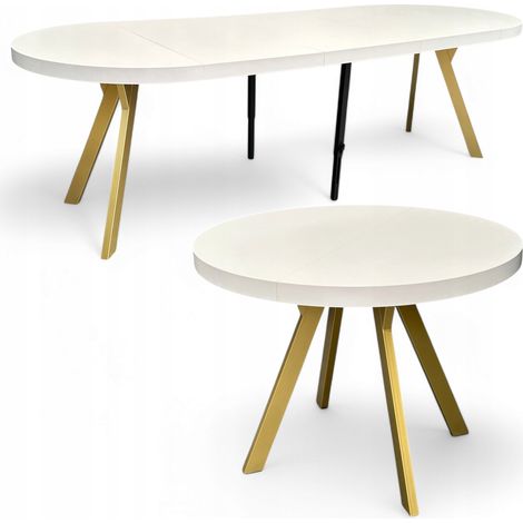 Runder Esstisch Weiß Halbmatt Ausziehbar Ø110/310 cm mit Goldenen Y-Metallbeinen (1/5)