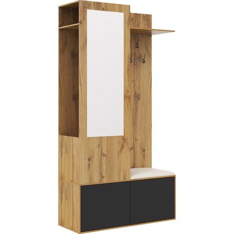 Conjunto de recibidor con espejo, zapatero y banco MDF negro y madera 100x38x191 cm (1/5)