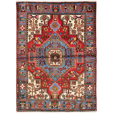 Tapis d'orient 104 x 149 cm, oriental, rouge, bleu et crème, en laine pure, noué à la main, authenticité persane (1/5)