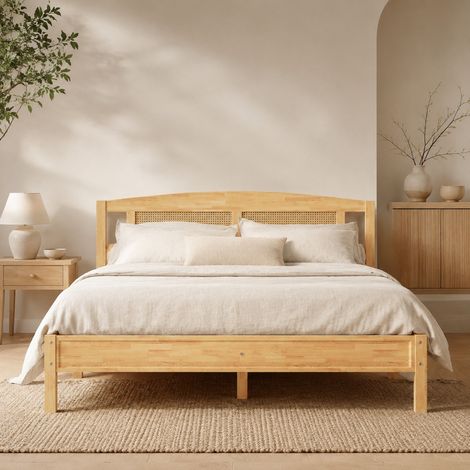 Letto matrimoniale 160x200 in legno di pino e rattan PE, rete a 15 doghe, naturale DESVIAE (1/5)