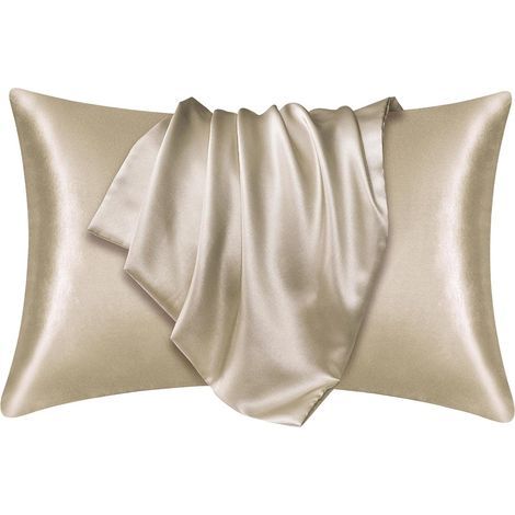 2 Pièces Taie d'oreiller en Soie, 74×48cm Taie d'oreiller Soie, Doux Taie Oreiller, Confortable Silk Pillowcase (Champagne) (1/5)