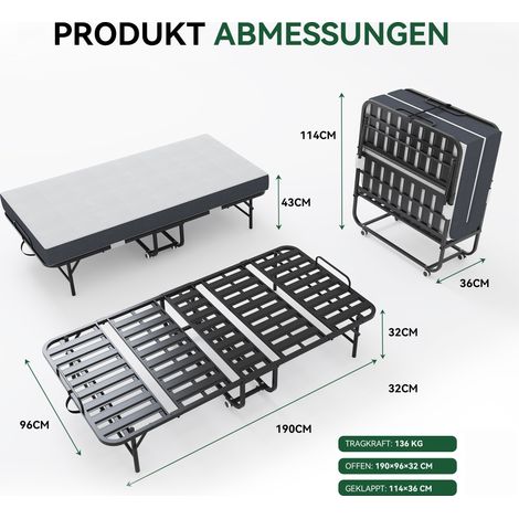 Lit pliant simple 190 × 96 cm avec matelas en mousse à mémoire de forme de 9,5 cm, lit d'appoint portable, cadre en métal robuste (1/5)