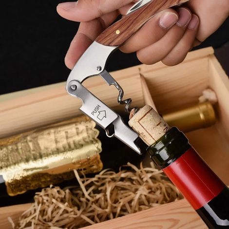 Ouvre-bouteille tire-bouchon en acier inoxydable et bois, poignée ergonomique, outil portable pour la maison (1/5)