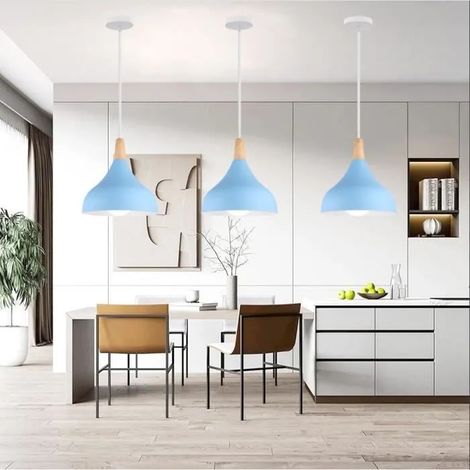 Lot de 3 Lampe Suspension Moderne Bleu,Lustre Luminaire en Goutte Chapeau Métal pour Restaurant Cafe Bar,Bleu,20cm (1/4)