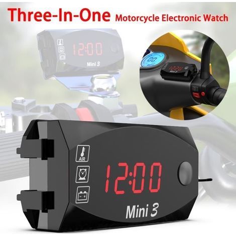 3 in 1 Numérique Horloge Moto Thermomètre Voltmetre Guidon Mount IP67 Étanche Montre Moto avec Affichage Grand Écran, 12v (1/4)