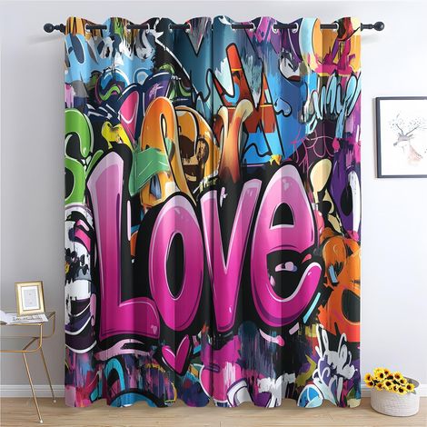 Rideau Occultant Musique - Décoration Musique, Rideau Thermique Motif Graffiti Rock Coloré, Lot de 2 Rideaux Opaque à Oeillets pour Fenetre Chambre Salon, 140x160 cm (LxH) Q439 - 2x L 140 X H 160 cm (1/5)