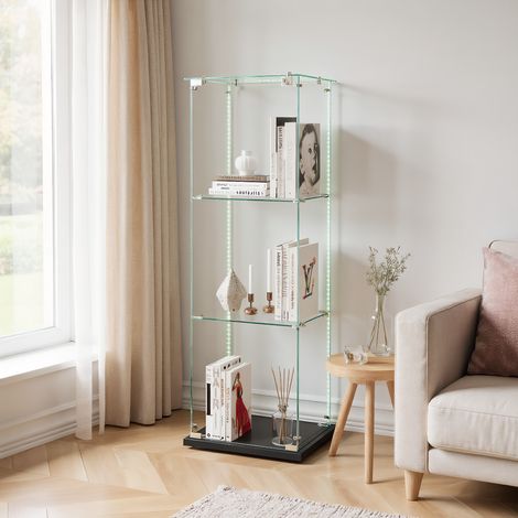 Glas Vitrinenschrank mit LED-Leuchtband, Modern Glasvitrine mit 3 Ablagen für Sammlerstücke, Standvitrine mit 1 Tür und Schloss, für Wohnzimmer, Schlafzimmer und Büro, Schwarz (1/5)