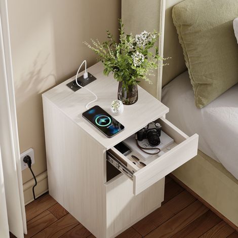 Table de nuit, de chevet avec fonction de charge, armoire de chambre avec USB et prise, 5cm, 33 x 40 x 61, aspect bois clair